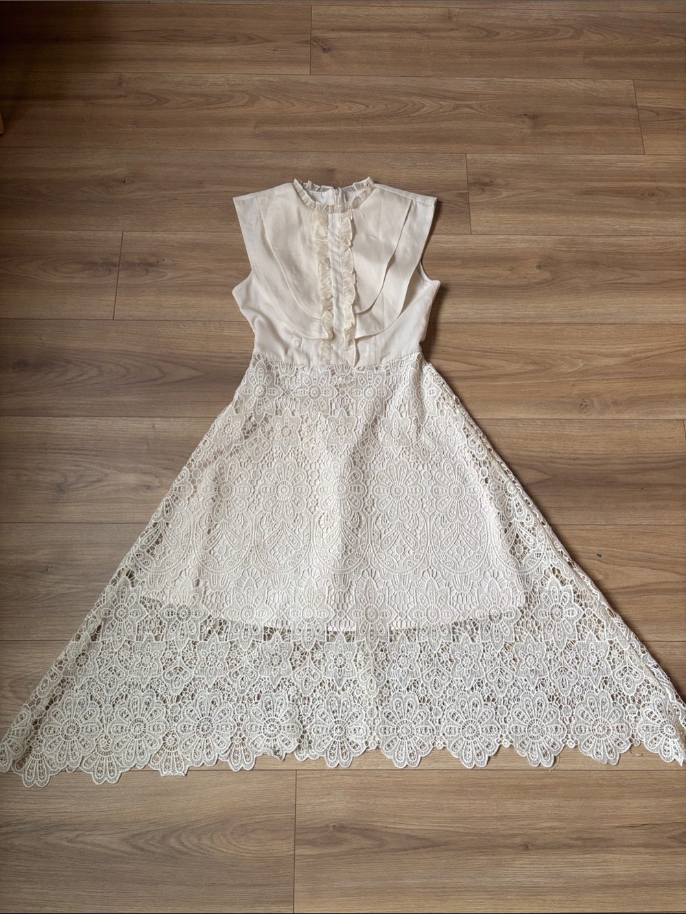 Sleeveless Lace Maxi Dress in Cream with Ruffle Front